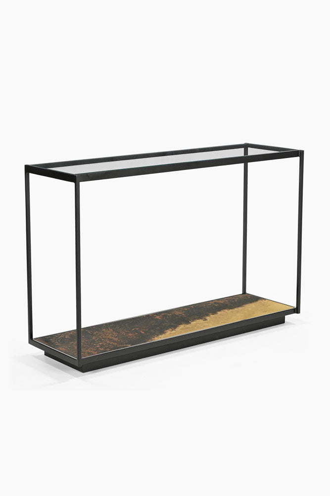 Belle console en métal bruni et verre