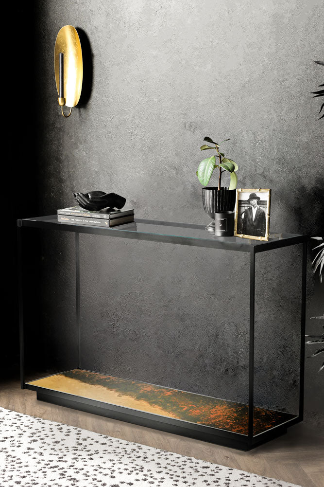 Belle console en métal bruni et verre