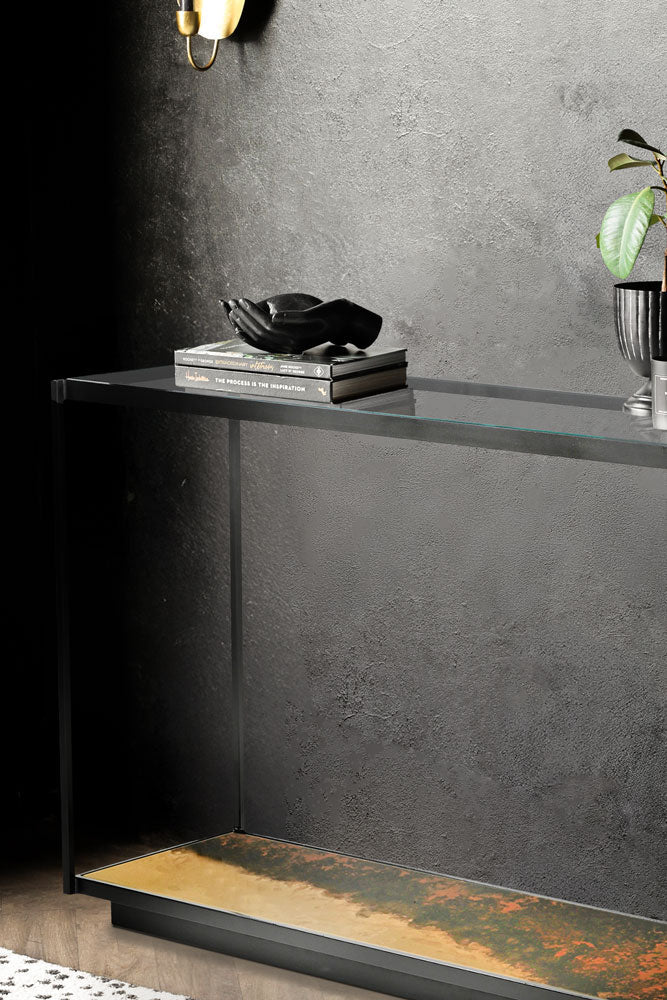 Belle console en métal bruni et verre