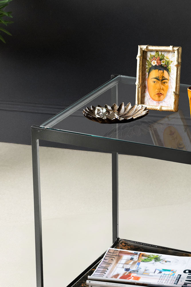Belle table d'appoint en métal bruni et verre