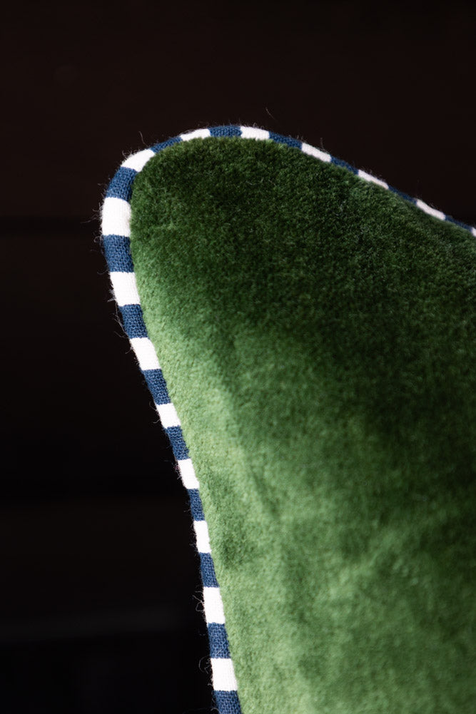 Coussin tigre brodé en velours vert et rayures monochromes