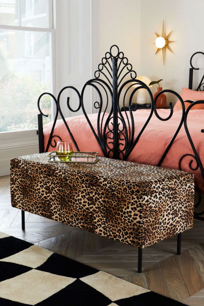 Banc de rangement ottoman en velours imprimé léopard