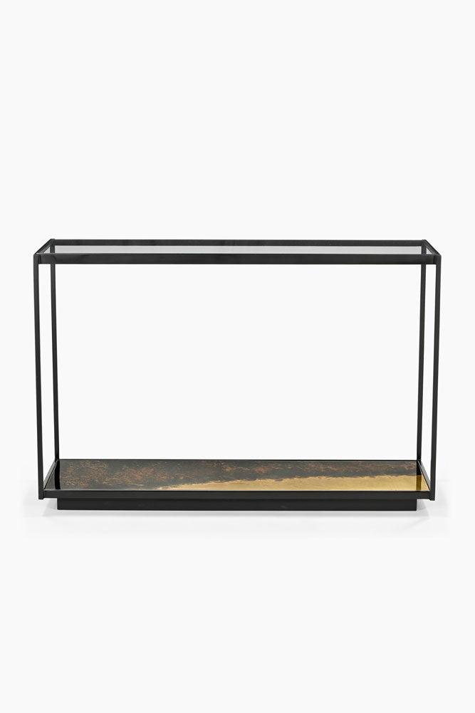Belle console en métal bruni et verre