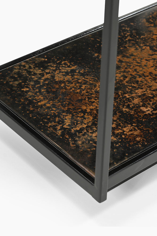 Belle console en métal bruni et verre