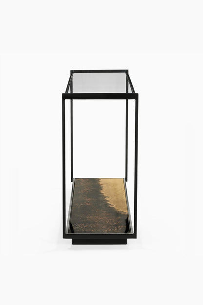 Belle console en métal bruni et verre