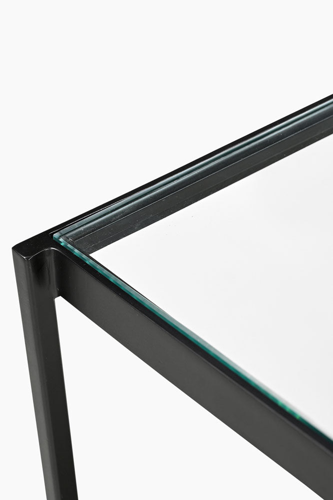 Belle console en métal bruni et verre