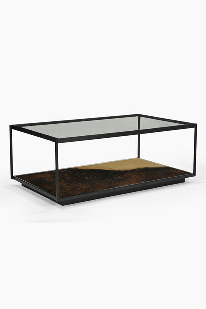 Belle table basse en métal bruni et verre