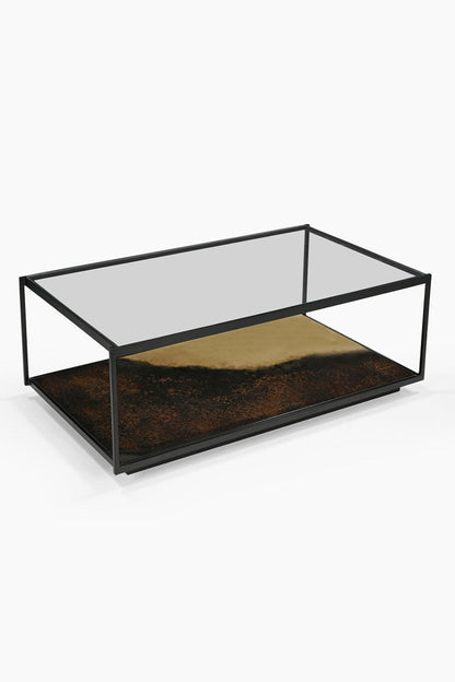 Belle table basse en métal bruni et verre