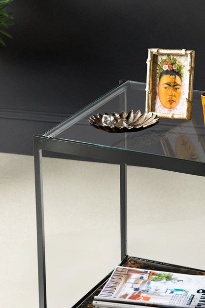 Belle table d'appoint en métal bruni et verre