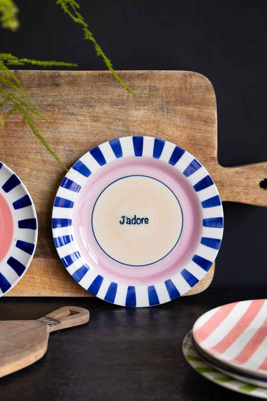 Assiette de service en céramique J'adore bleu et rose