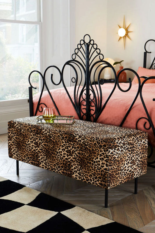 Banc de rangement ottoman en velours imprimé léopard