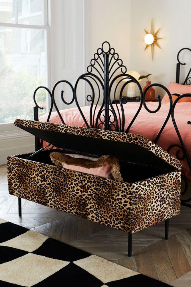 Banc de rangement ottoman en velours imprimé léopard