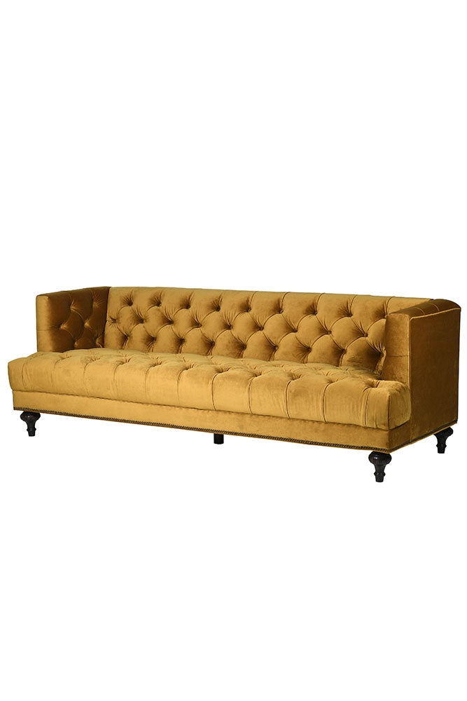 Canapé Chesterfield 3 places en velours ocre doré
